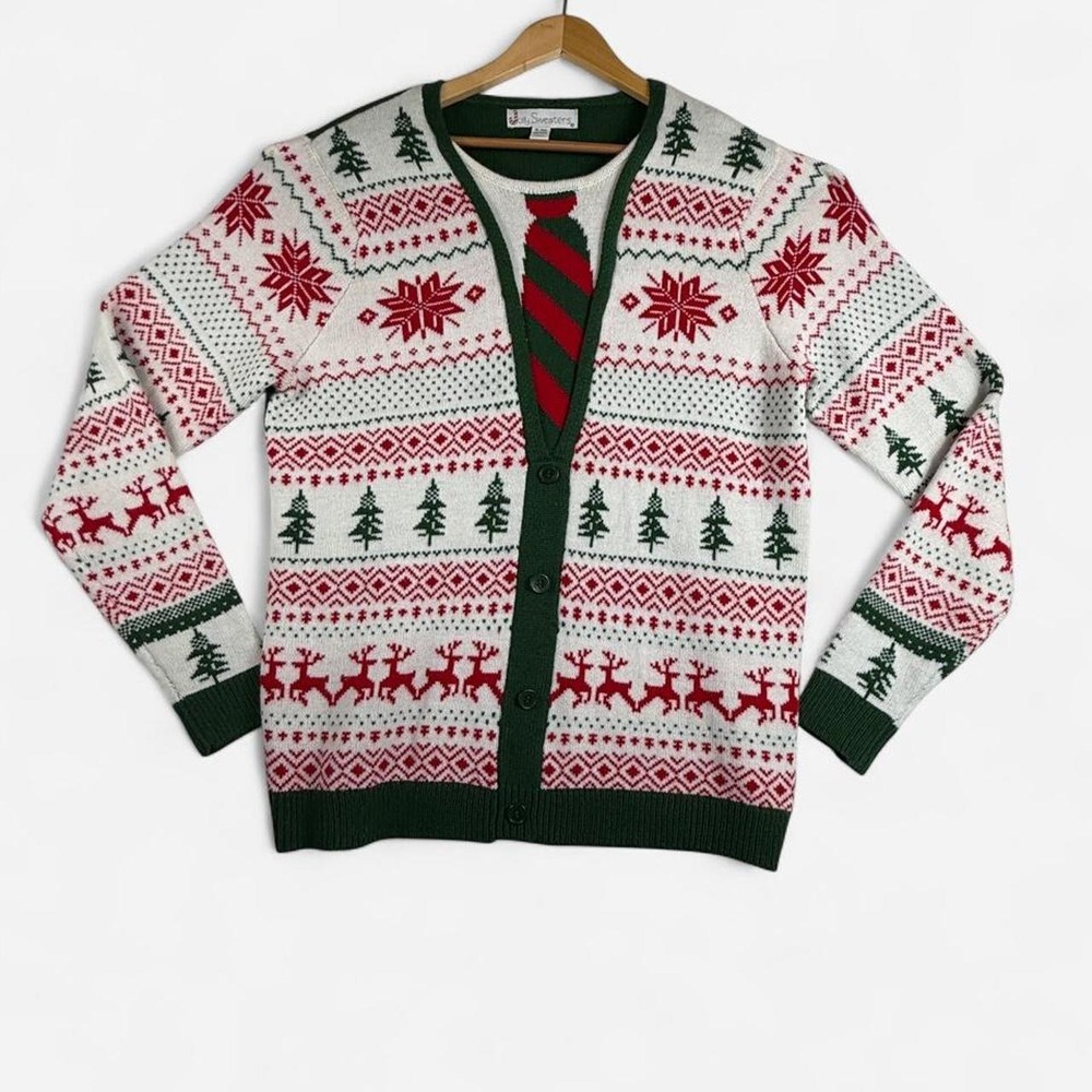 Jolly Sweaters Christmas Reindeer Faux Tie Cardigan